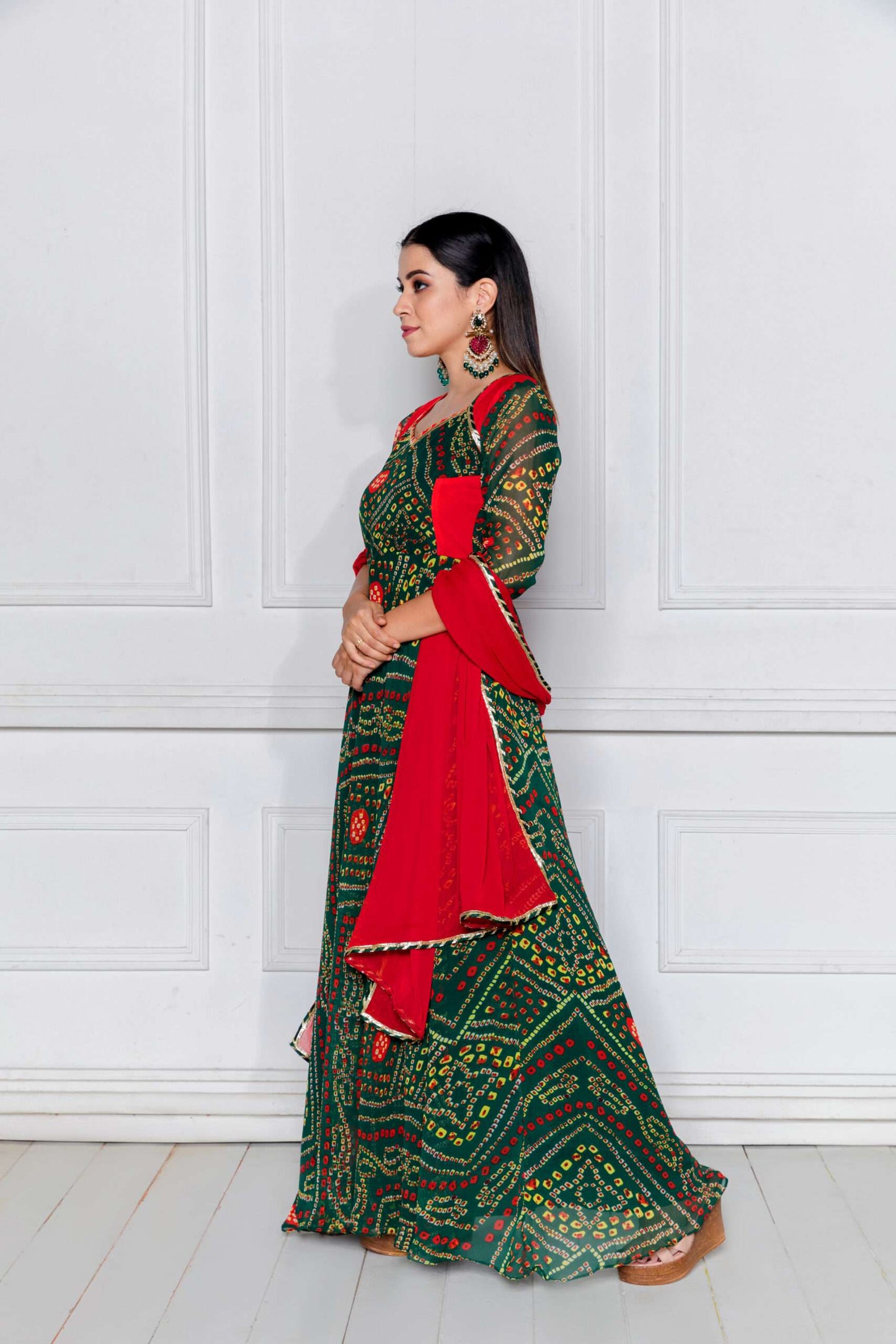 Pine Green Bandhani Anarkali with Dupatta