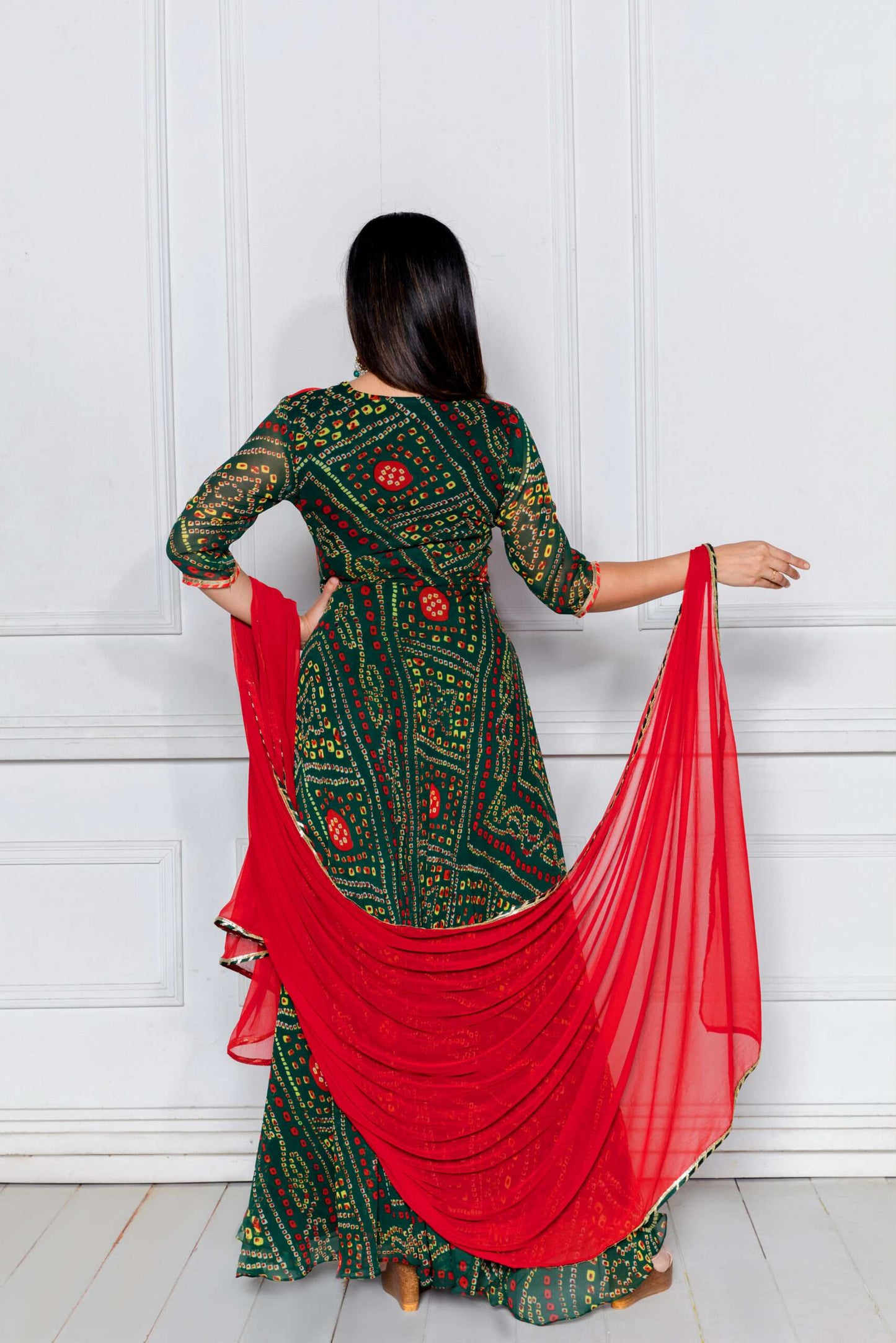 Pine Green Bandhani Anarkali with Dupatta