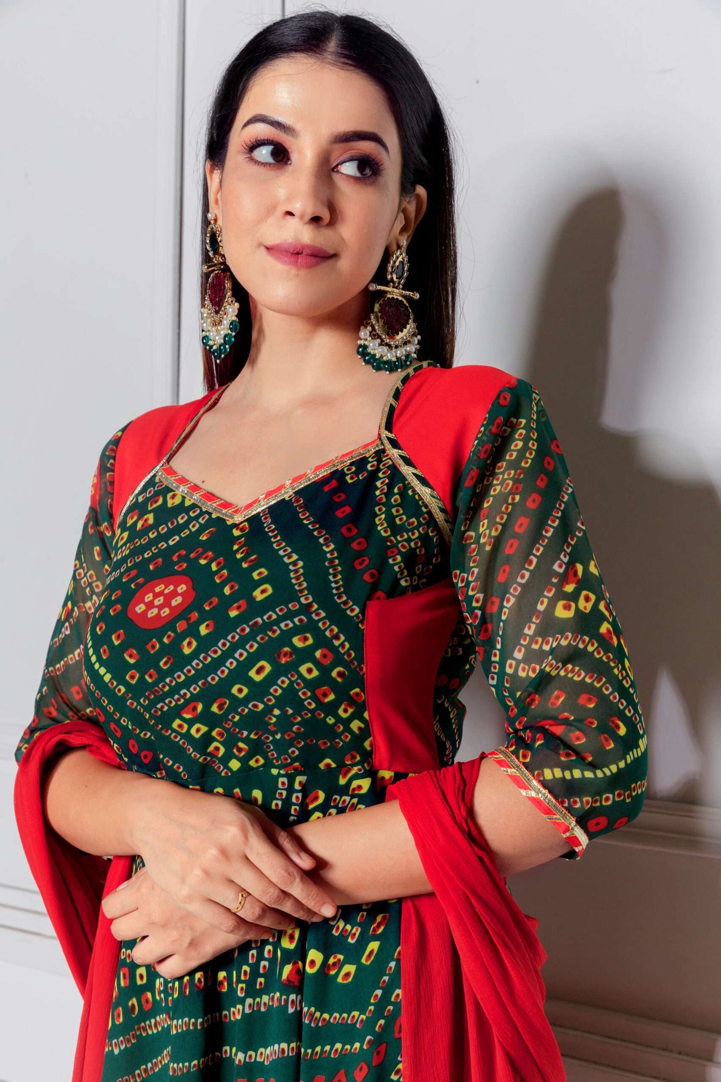 Pine Green Bandhani Anarkali with Dupatta