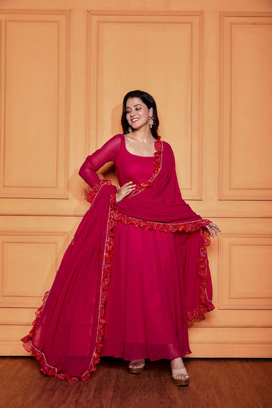 Raspberry Pink Sheer Back Anarkali with Dupatta