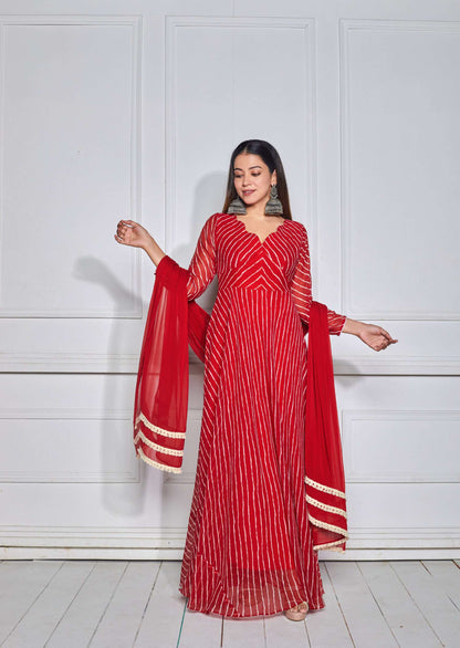 Scarlet Red Leheriya Anarkali with Dupatta