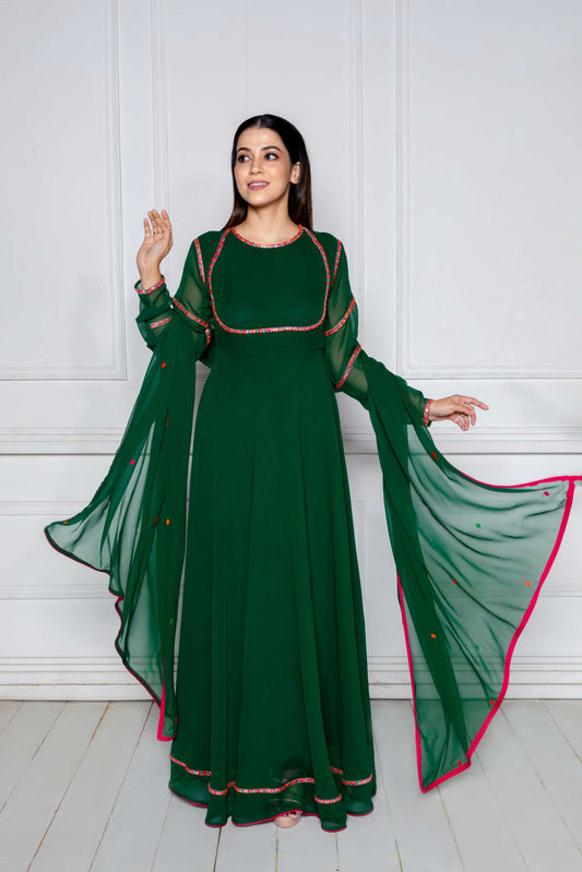 Emerald Green Embroidered Anarkali with Dupatta