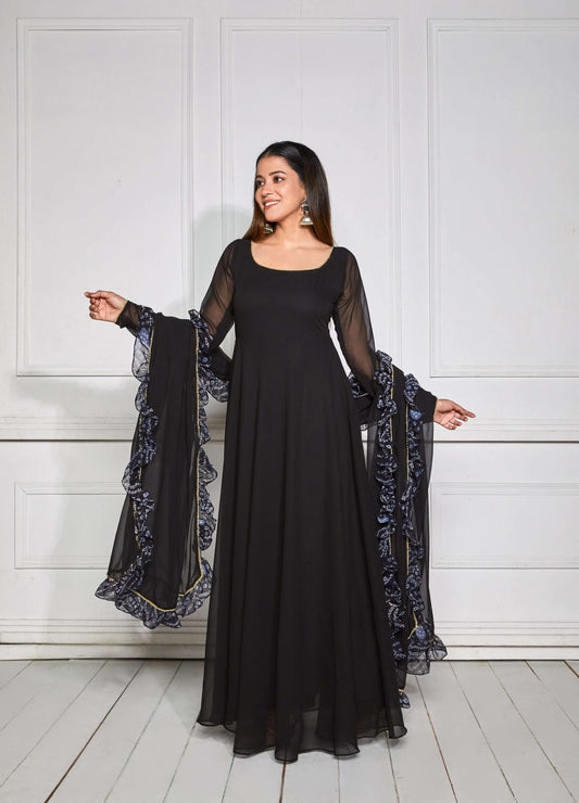 Raisin Black Sheer Back Anarkali with Dupatta