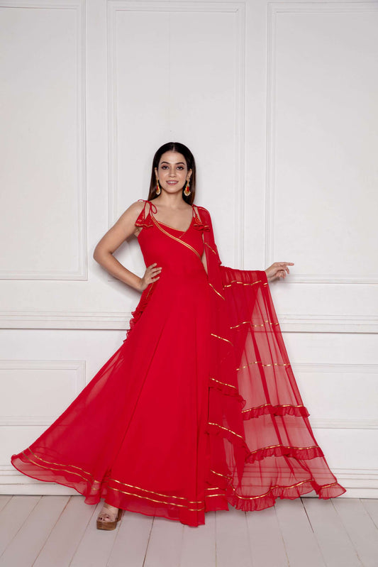 Crimson Red Strappy Anarkali with Dupatta