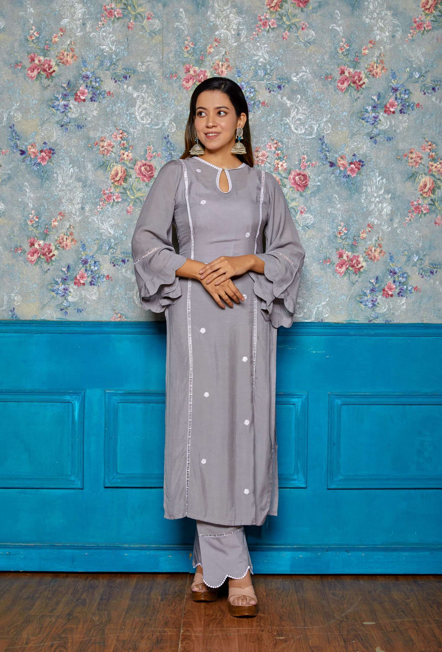 Silver Grey Lacy Muslin Kurta Set