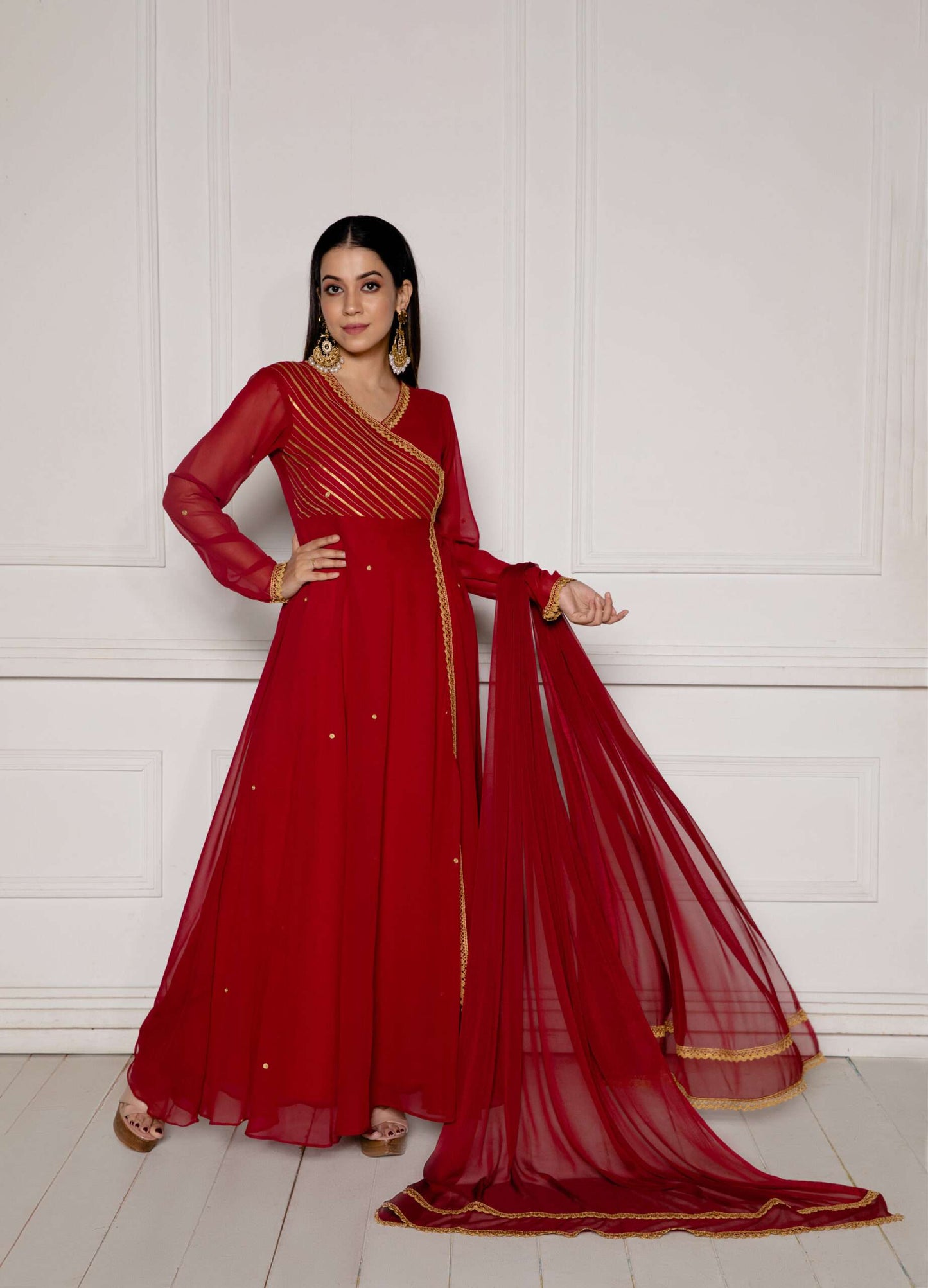 Jasper Red Embroidered Anarkali with Dupatta