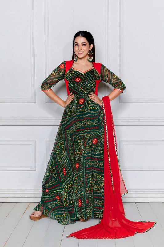 Pine Green Bandhani Anarkali with Dupatta