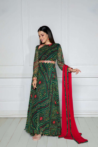 Bejewelled Green Anarkali with Dupatta