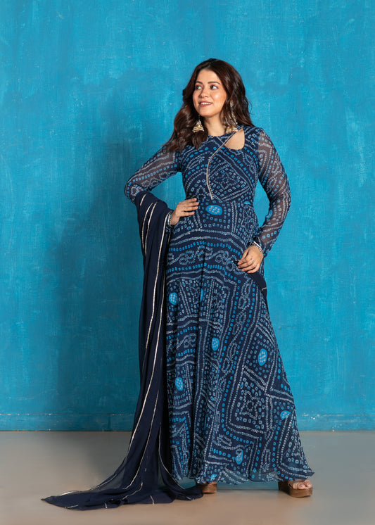 Navy Blue Bandhani Anarkali with Dupatta