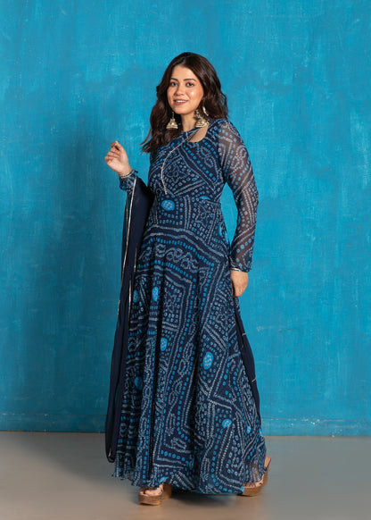 Navy Blue Bandhani Anarkali with Dupatta