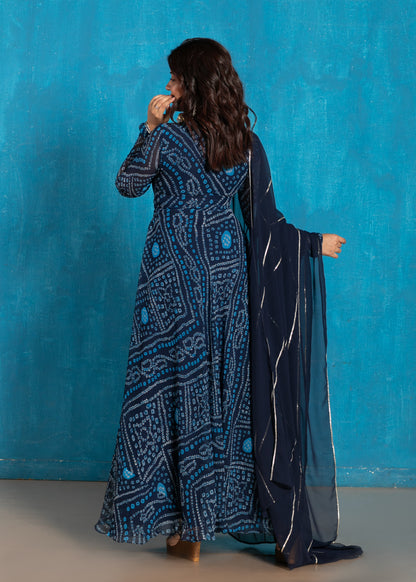 Navy Blue Bandhani Anarkali with Dupatta