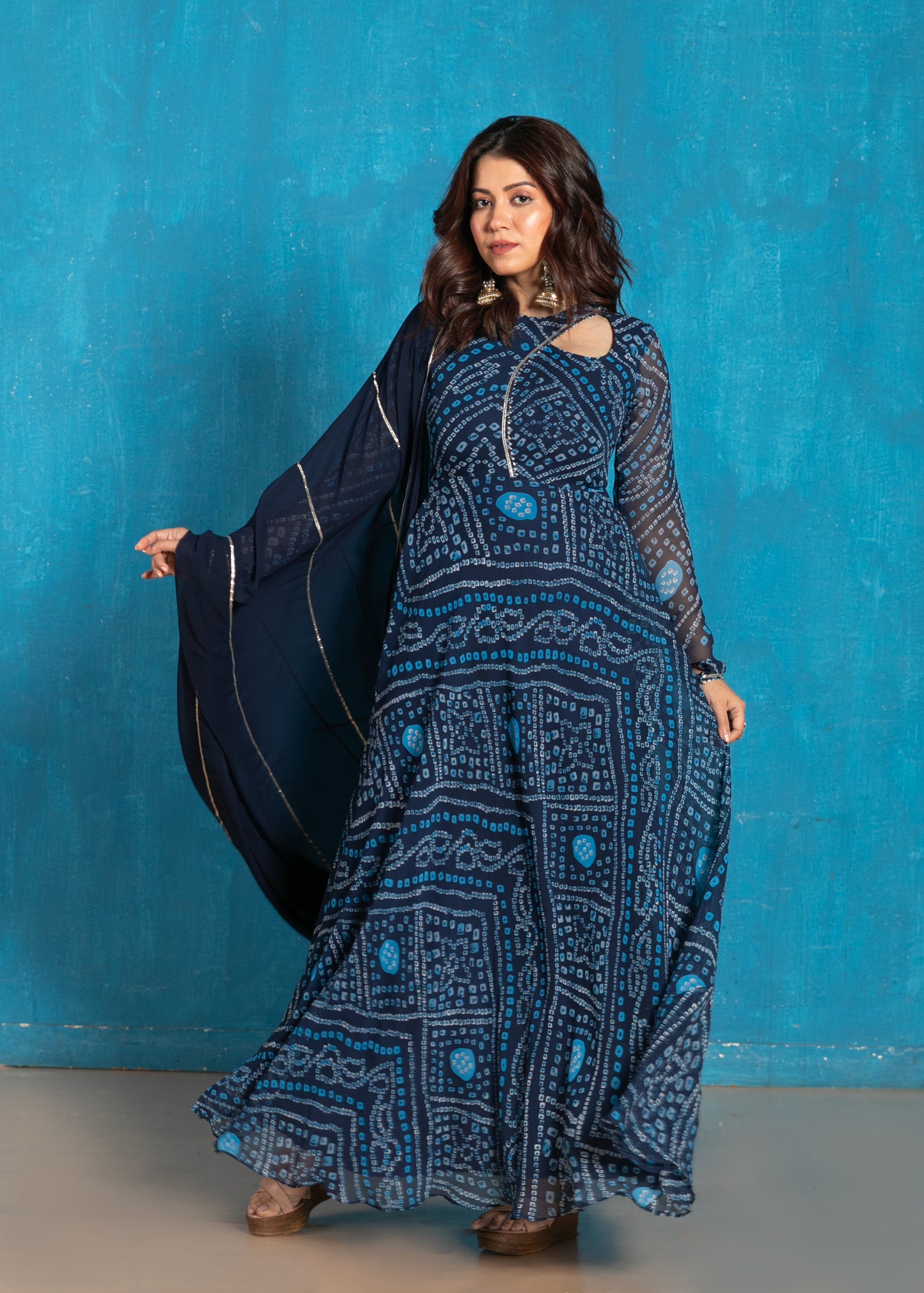 Navy Blue Bandhani Anarkali with Dupatta