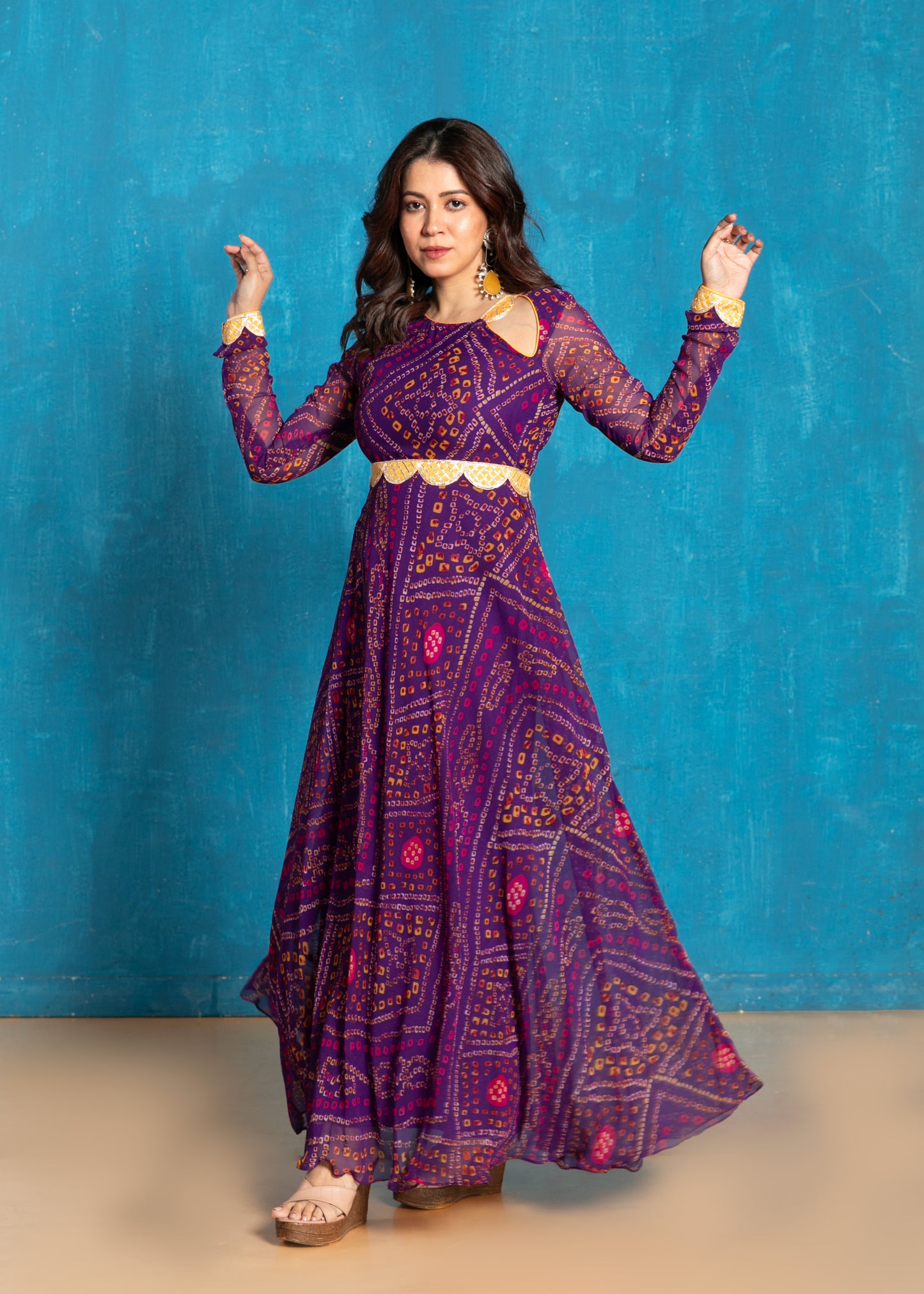 Rich Purple Bandhani Anarkali with Yellow Dupatta