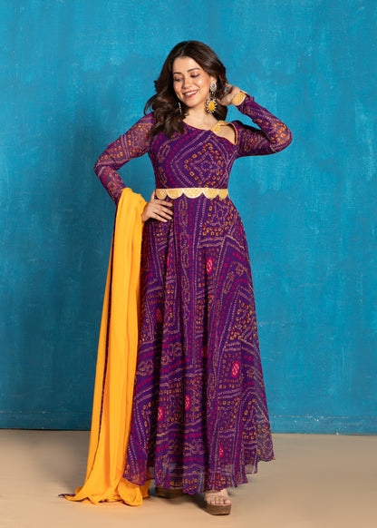 Rich Purple Bandhani Anarkali with Yellow Dupatta