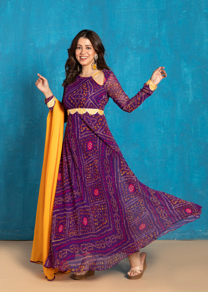 Rich Purple Bandhani Anarkali with Yellow Dupatta