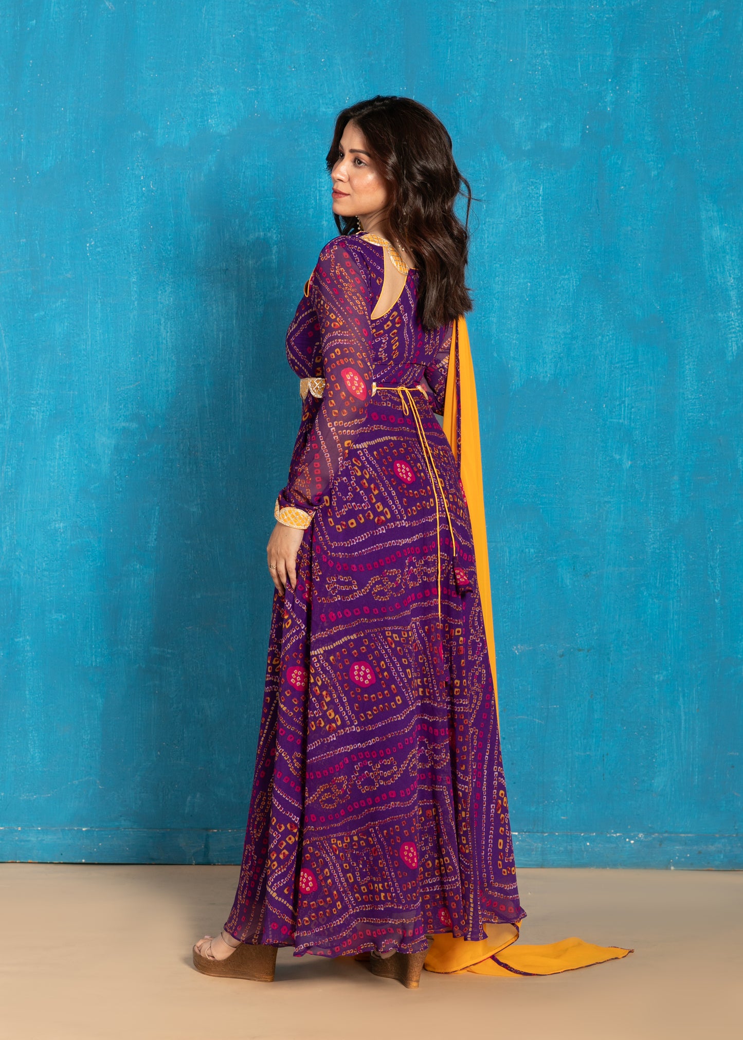 Rich Purple Bandhani Anarkali with Yellow Dupatta