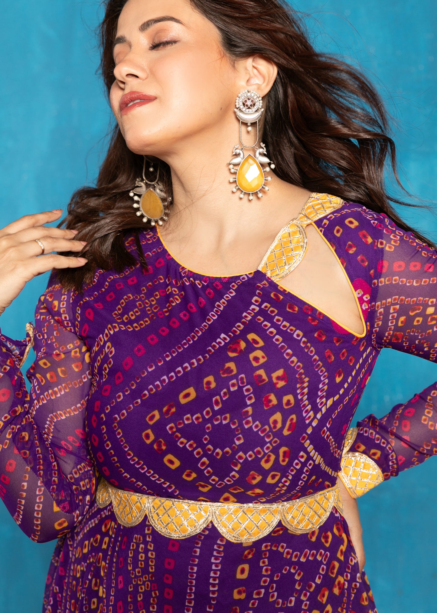 Rich Purple Bandhani Anarkali with Yellow Dupatta