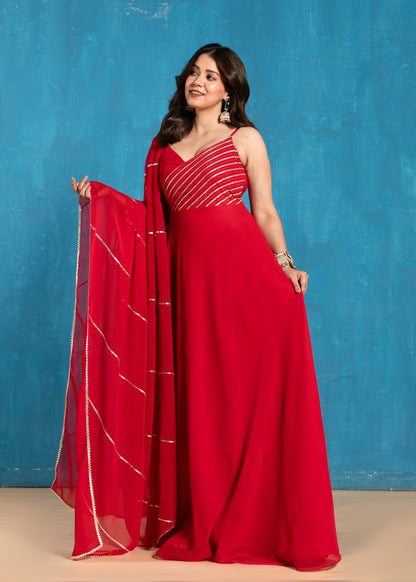 Strawberry Red Overlapped V Strappy Anarkali with Dupatta