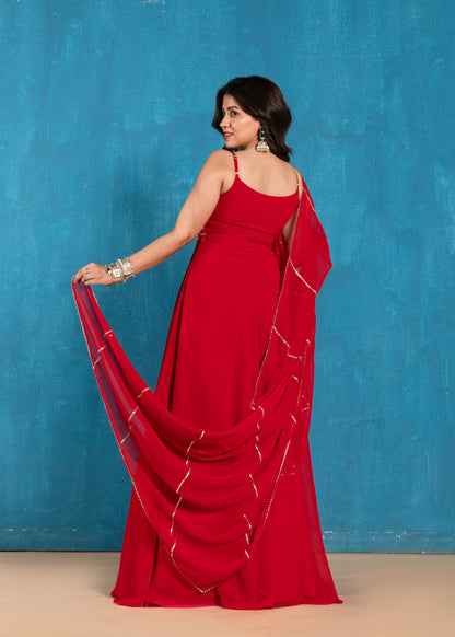 Strawberry Red Overlapped V Strappy Anarkali with Dupatta