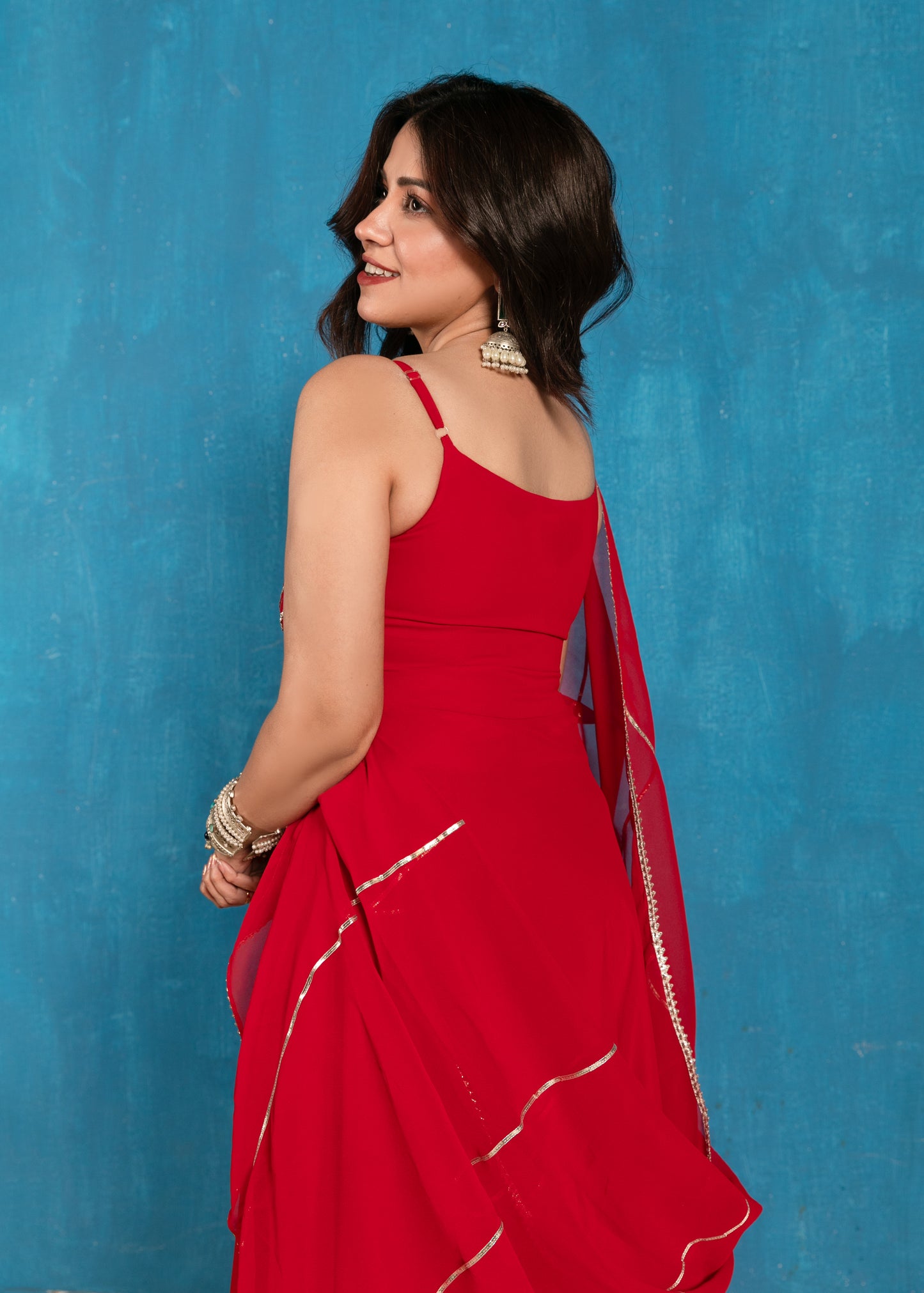 Strawberry Red Overlapped V Strappy Anarkali with Dupatta