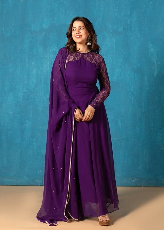 Diva Purple Illusion Neck Anarkali with Dupatta