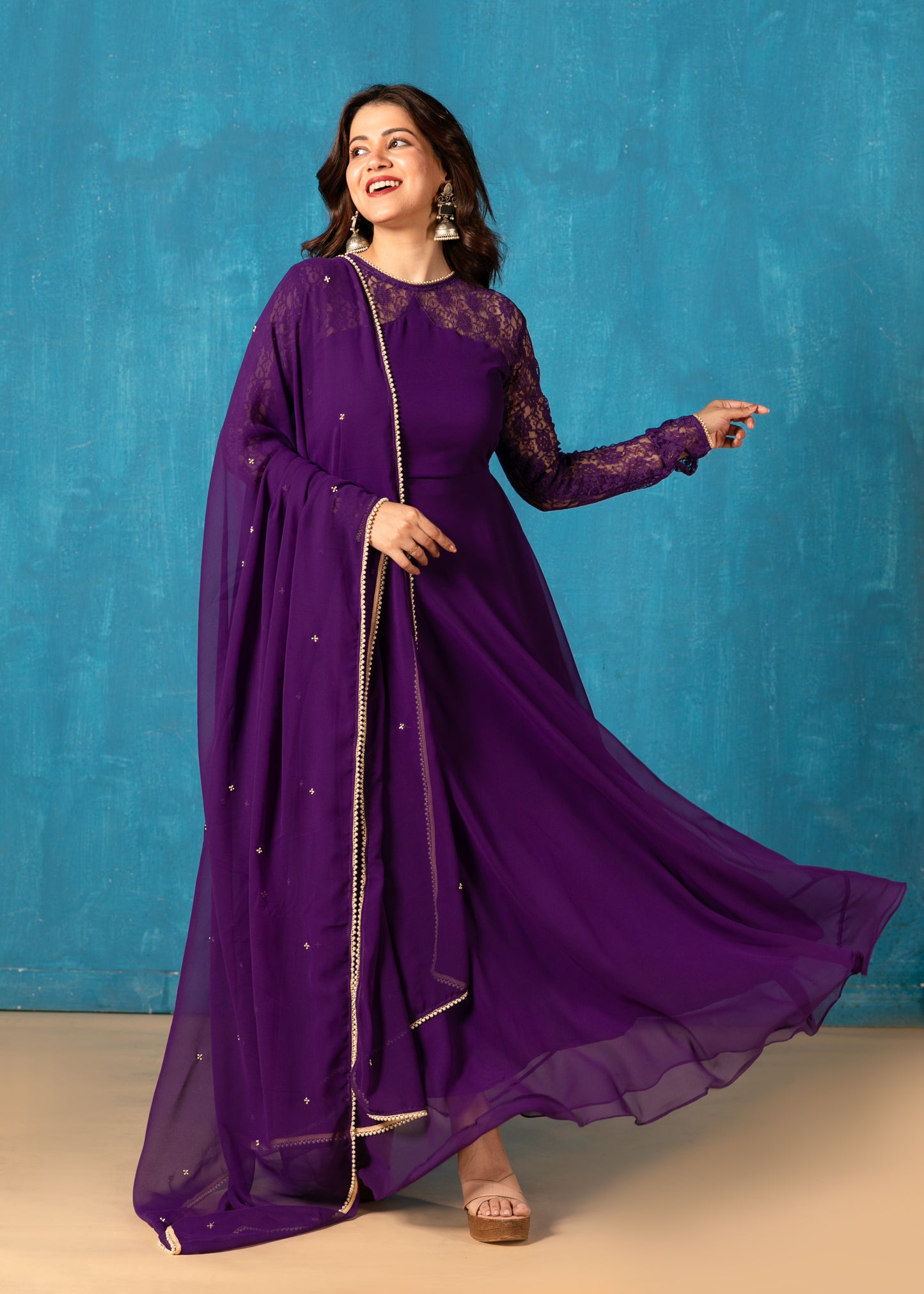 Diva Purple Illusion Neck Anarkali with Dupatta