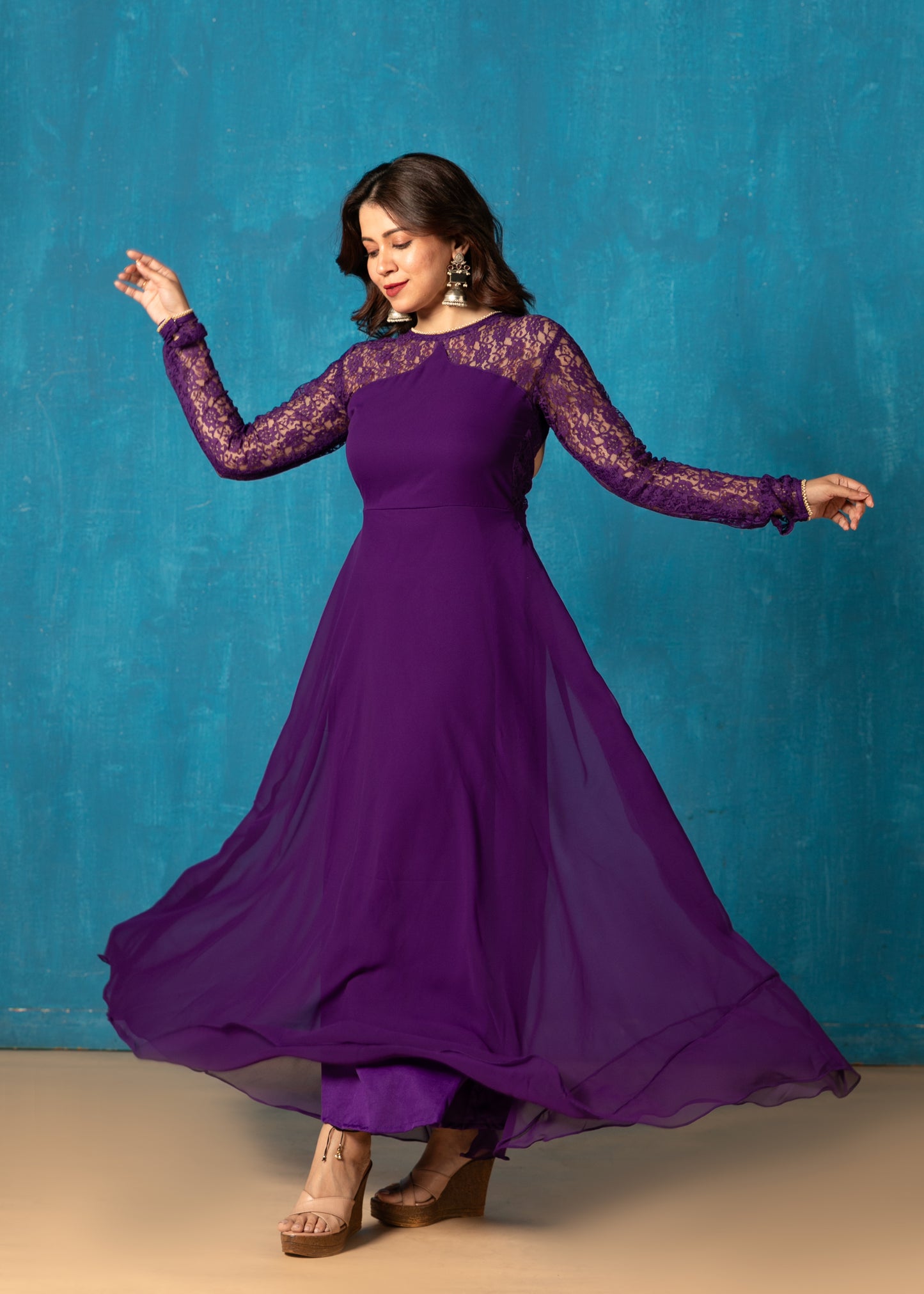 Diva Purple Illusion Neck Anarkali with Dupatta