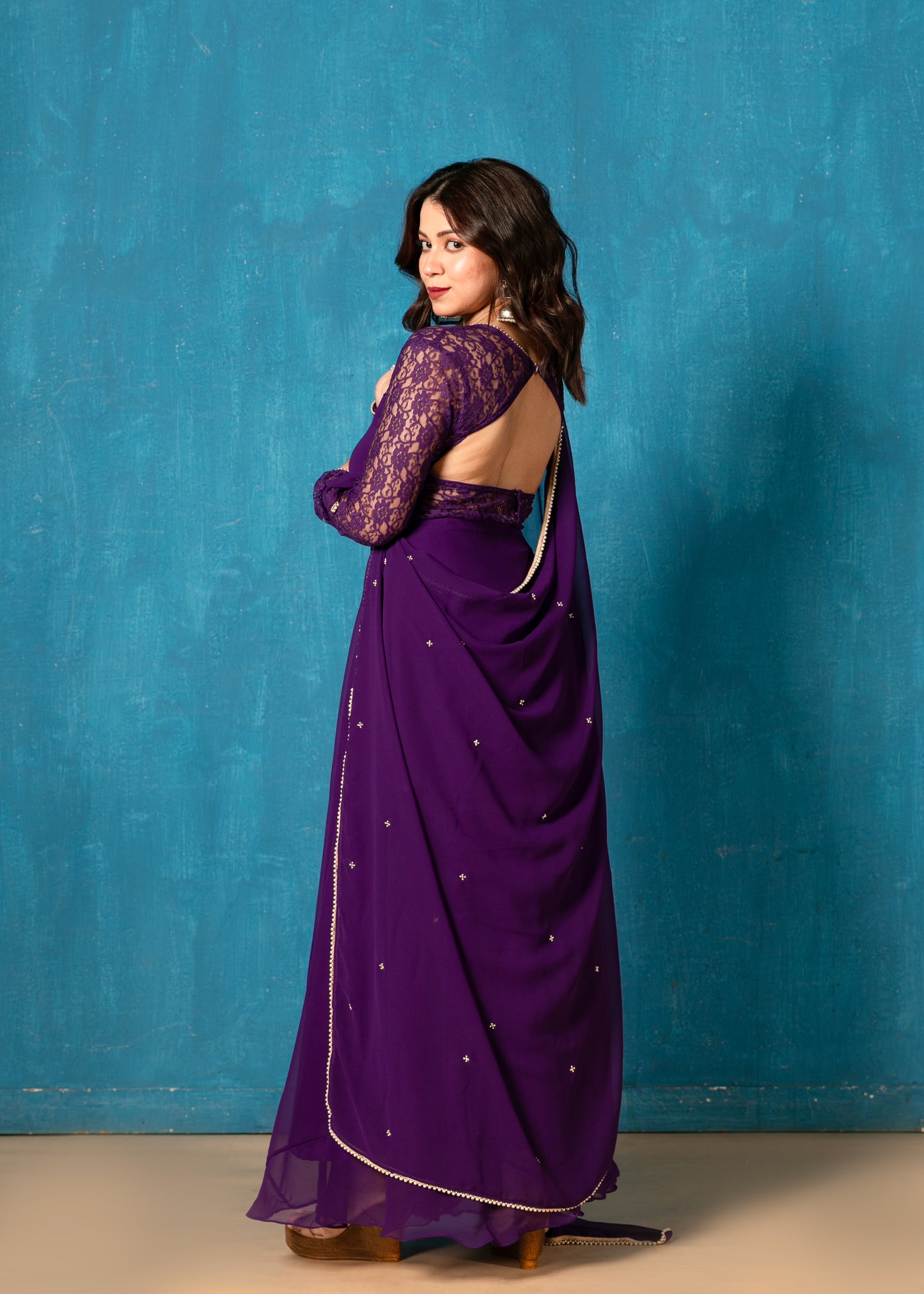 Diva Purple Illusion Neck Anarkali with Dupatta