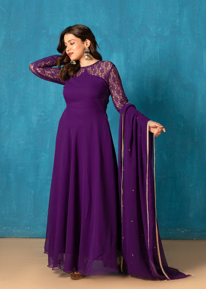 Diva Purple Illusion Neck Anarkali with Dupatta