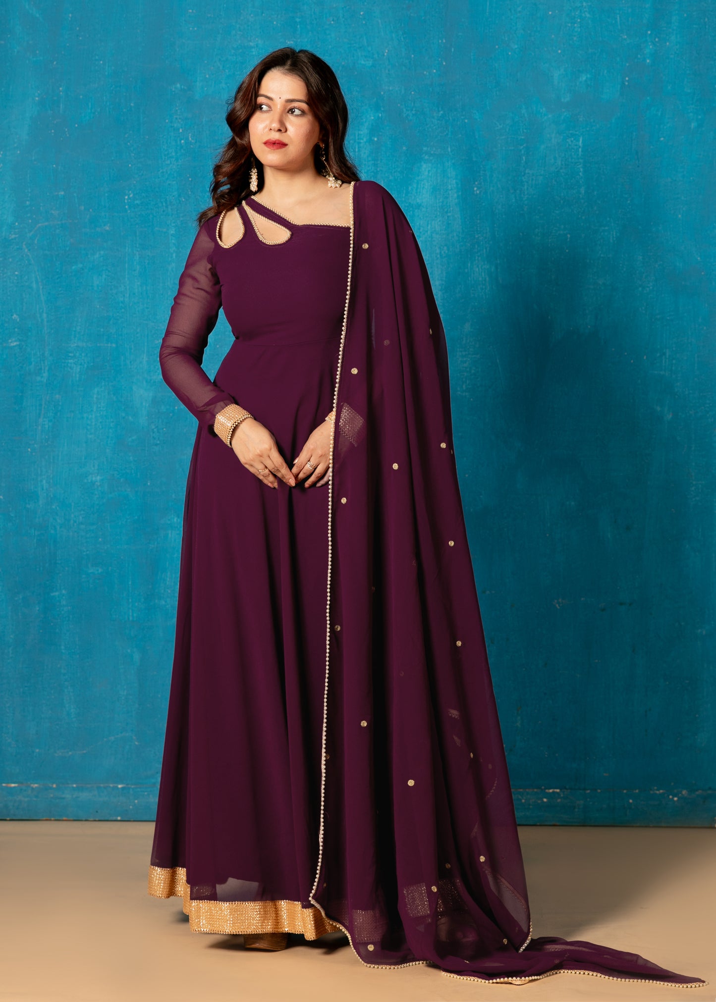 Plum Wine Petal Neck Anarkali with Dupatta