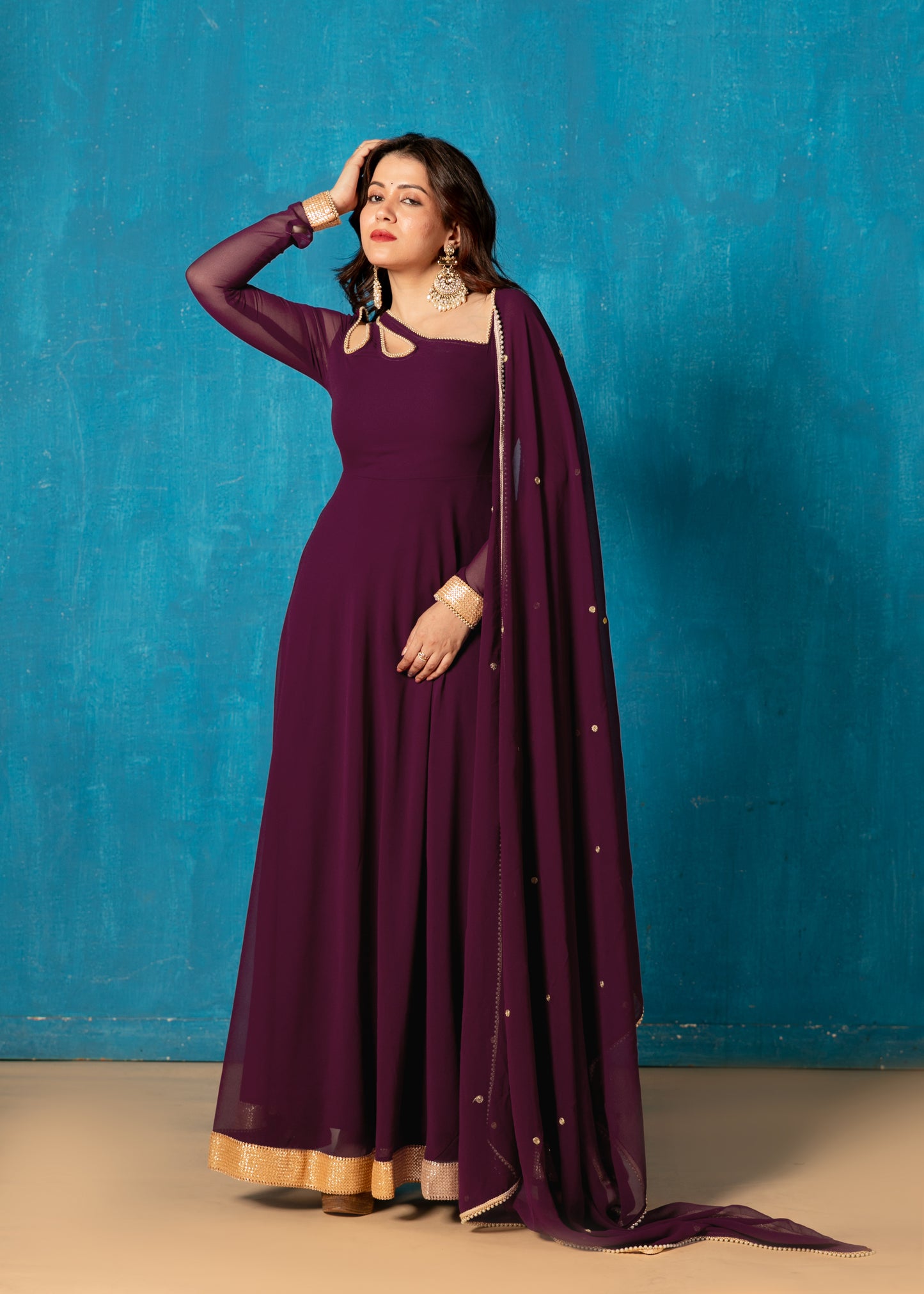 Plum Wine Petal Neck Anarkali with Dupatta