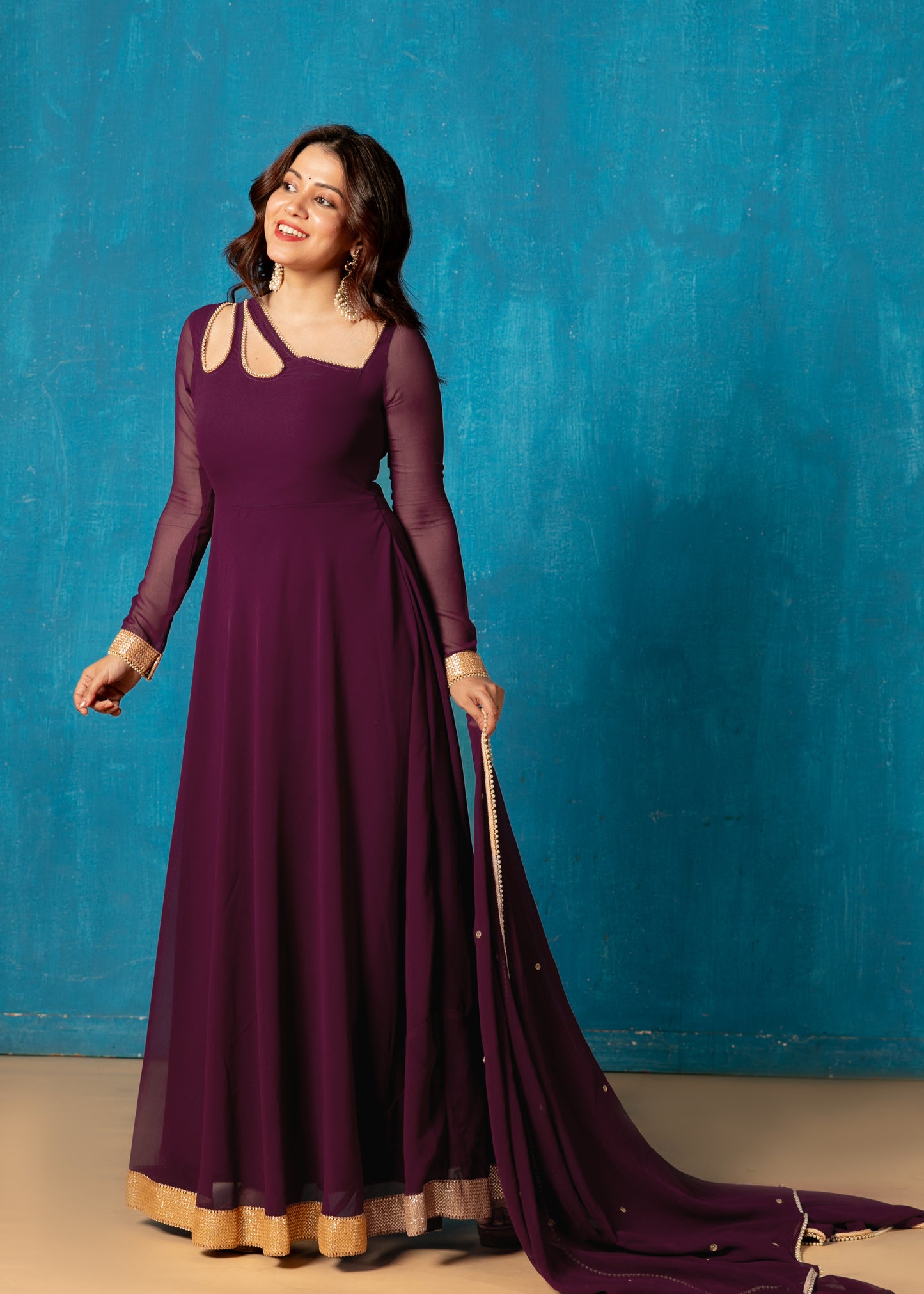 Plum Wine Petal Neck Anarkali with Dupatta