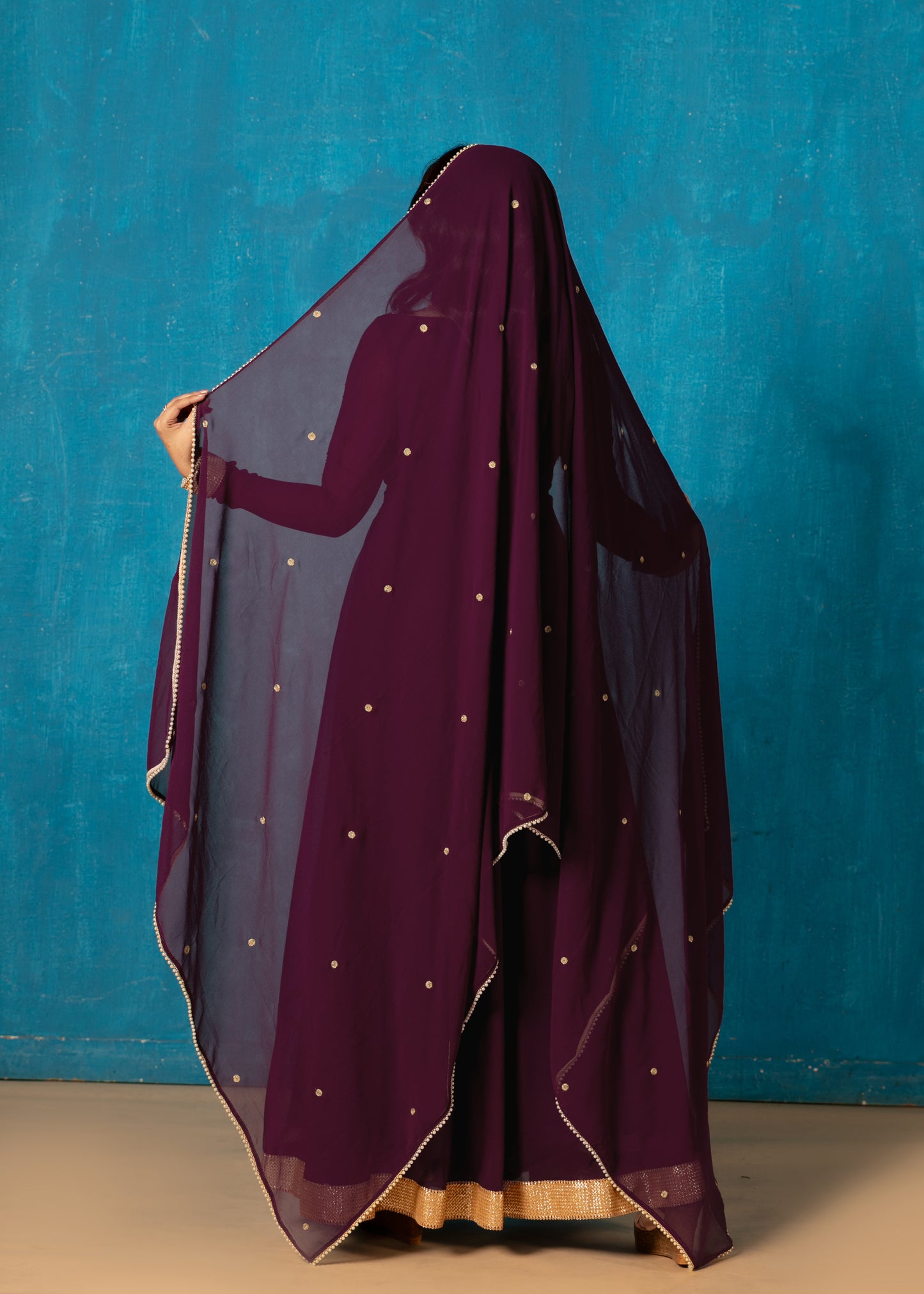 Plum Wine Petal Neck Anarkali with Dupatta