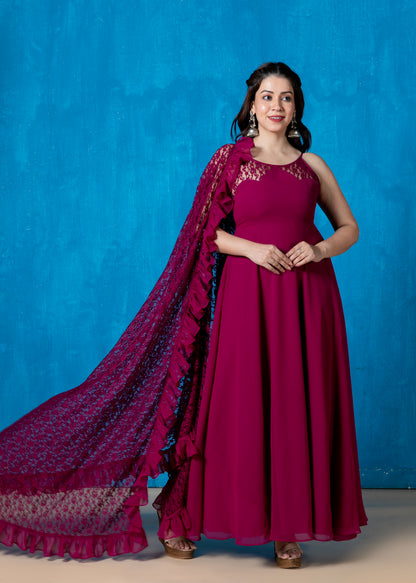 Garnet Pink Partial Sheer Anarkali with Dupatta