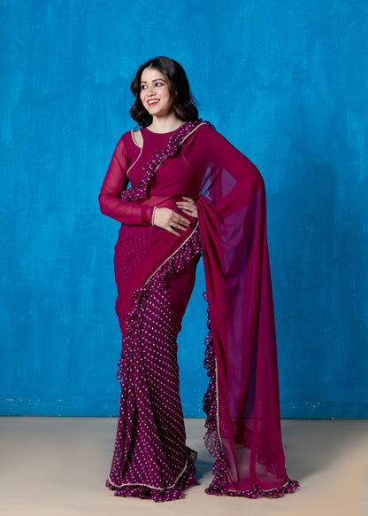 Aster Violet Pre Draped Frilled Saree with Blouse and Petticoat