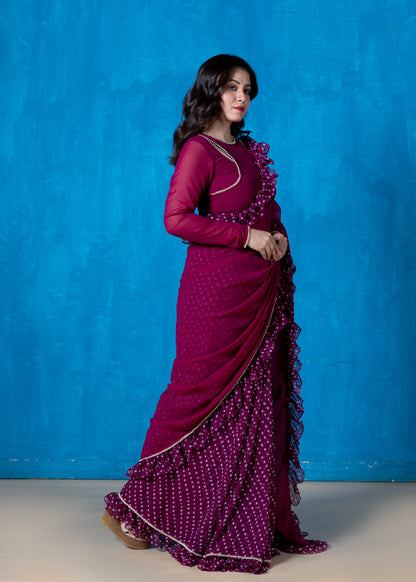 Aster Violet Pre Draped Frilled Saree with Blouse and Petticoat