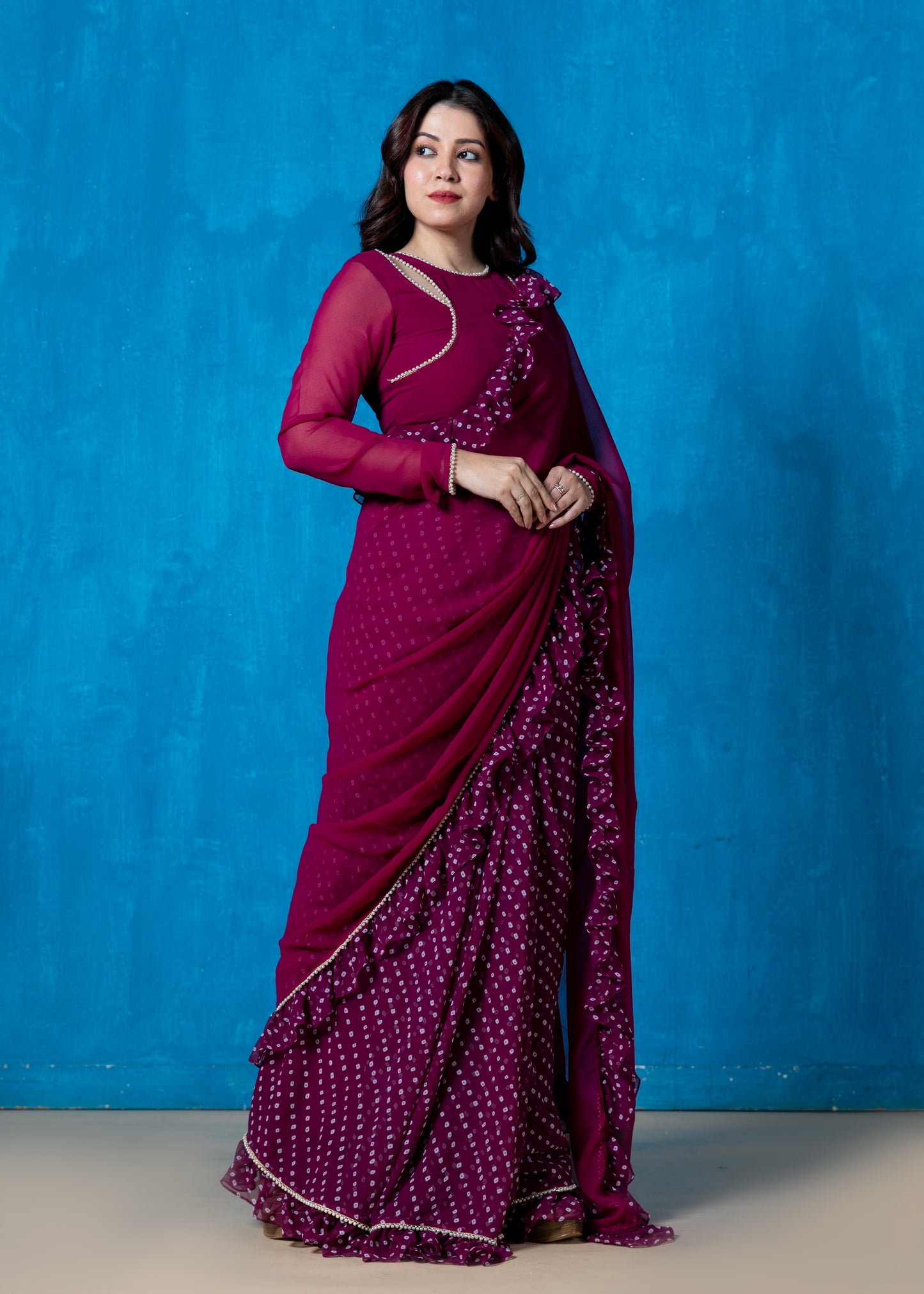 Aster Violet Pre Draped Frilled Saree with Blouse and Petticoat