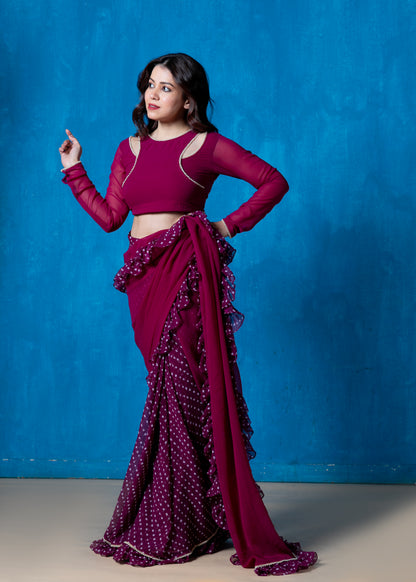 Aster Violet Pre Draped Frilled Saree with Blouse and Petticoat