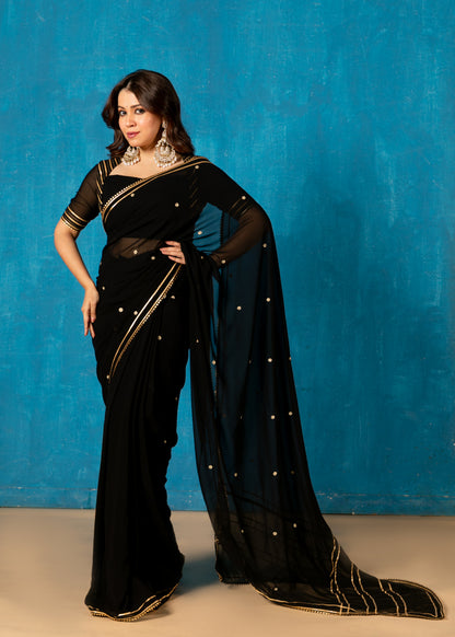 Black Embroided Pre-draped Saree with Blouse and Peticoat