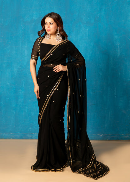 Black Embroided Pre-draped Saree with Blouse and Peticoat