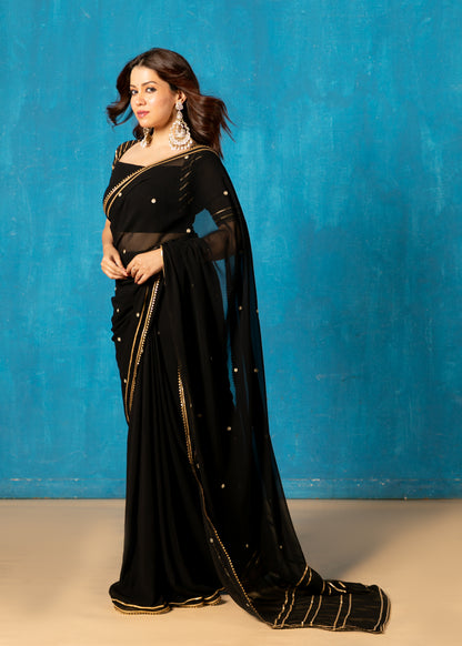 Black Embroided Pre-draped Saree with Blouse and Peticoat