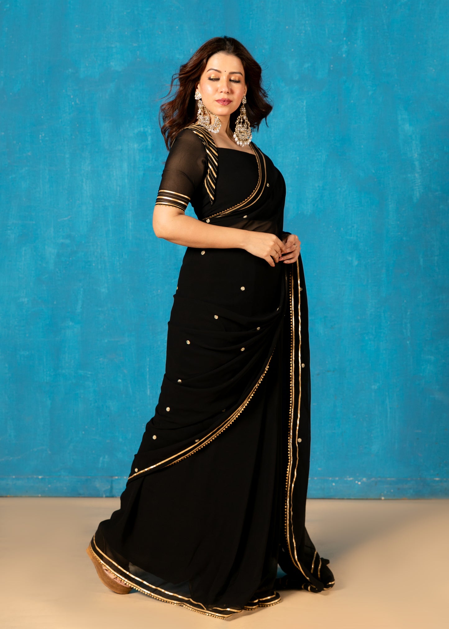 Black Embroided Pre-draped Saree with Blouse and Peticoat