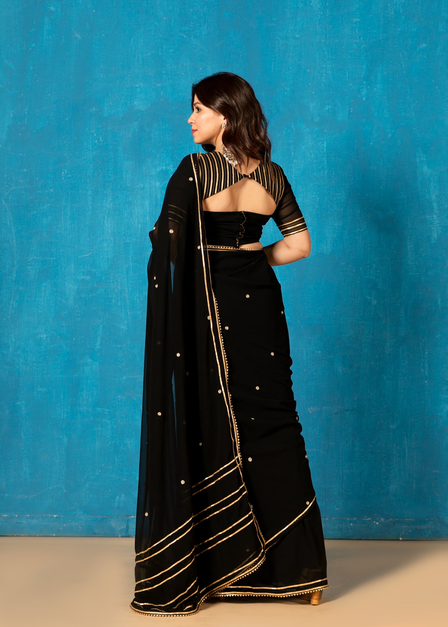 Black Embroided Pre-draped Saree with Blouse and Peticoat