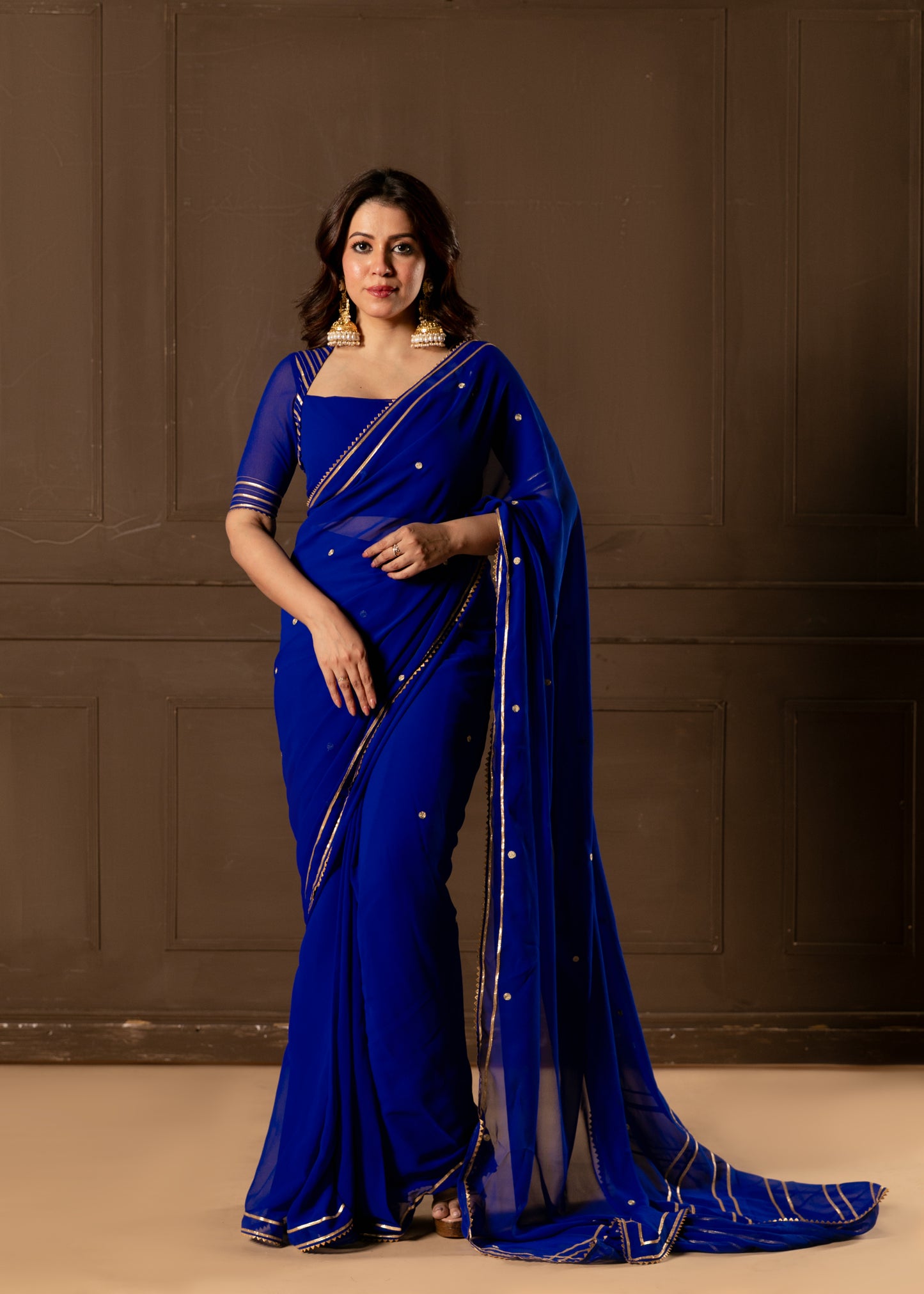 Copper Blue Pre-draped Saree with Blouse and Peticoat