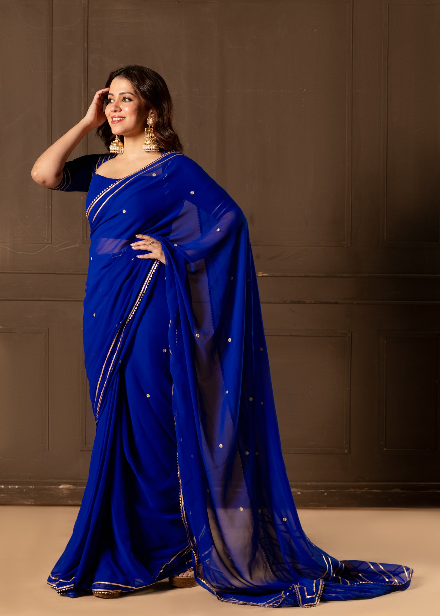 Copper Blue Pre-draped Saree with Blouse and Peticoat