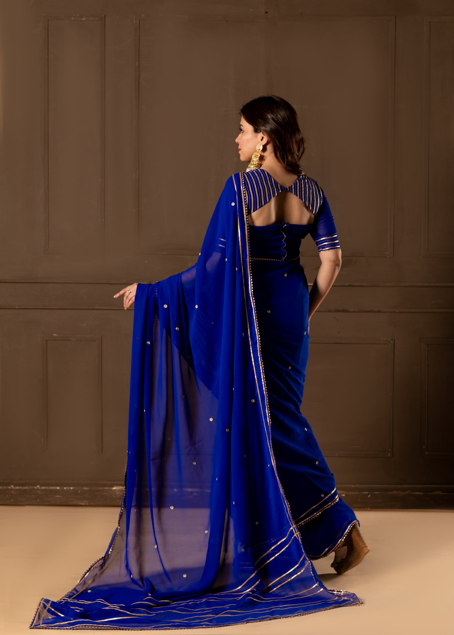 Copper Blue Pre-draped Saree with Blouse and Peticoat