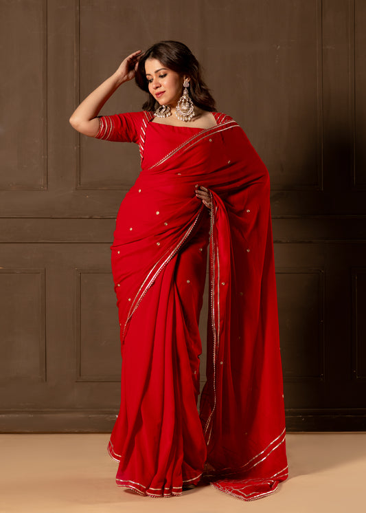 Cheri Red Embroided Pre-draped Saree with Blouse and Peticoat