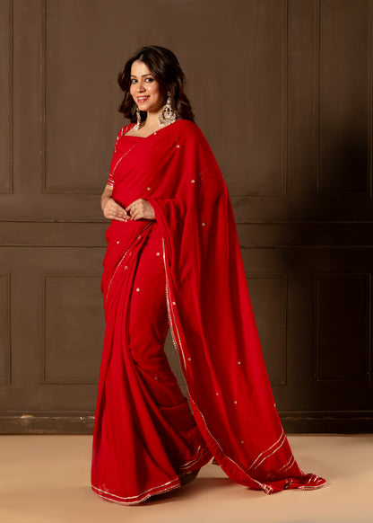 Cheri Red Embroided Pre-draped Saree with Blouse and Peticoat