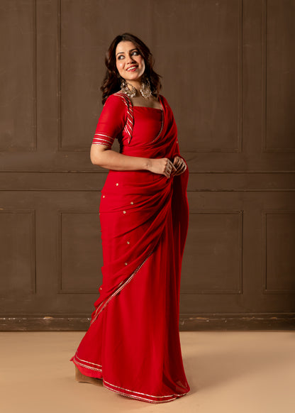 Cheri Red Embroided Pre-draped Saree with Blouse and Peticoat