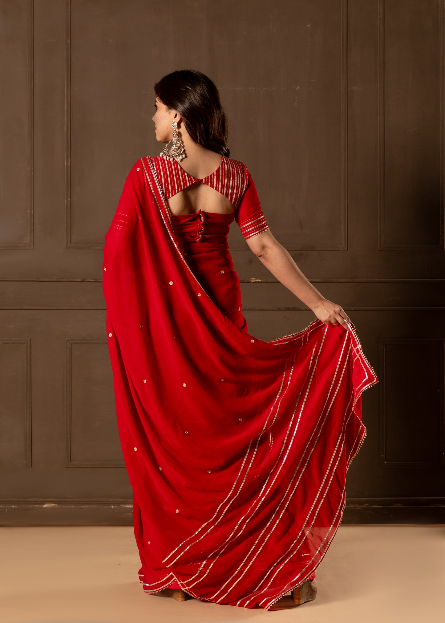 Cheri Red Embroided Pre-draped Saree with Blouse and Peticoat